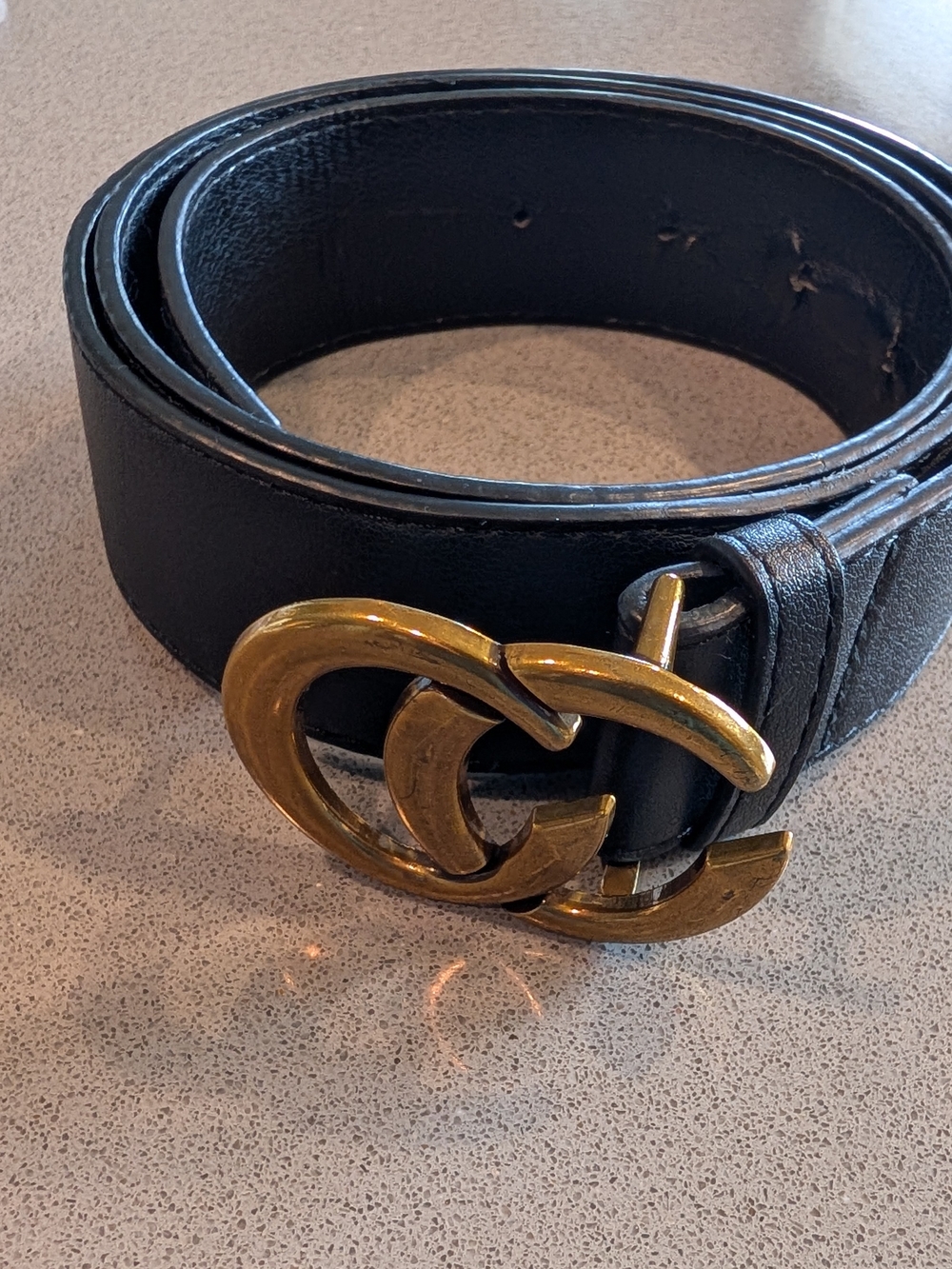 Women's Black Leather Belt with Antique CC Gold Buckle